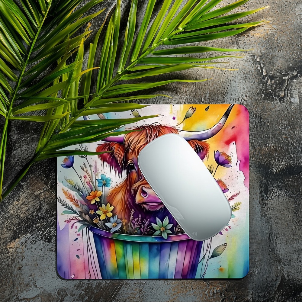 Hand Crafted Rainbow Highland Cow Mouse Pad - Multicolor